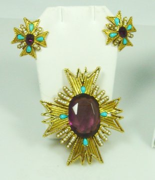 Art Purple Turquoise Seed Pearl Brooch/Pendant Earring Set