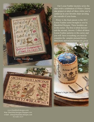 Blackbird Designs Winter cross stitch patterns - Loose Feathers Winter Framed