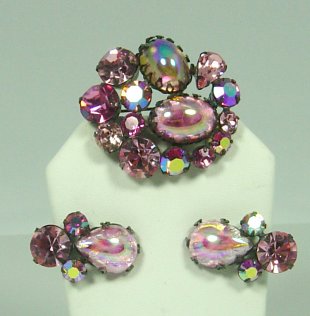 Regency Pink Rhinestone and Opalescent Brooch Set