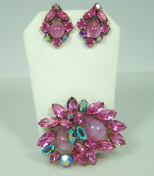 Regency Pink Rhinestone, AB and Opaque Stone Brooch Set