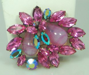 Regency Pink Rhinestone, AB and Opaque Stone Brooch 