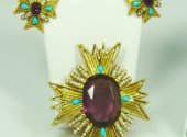 Art Purple Turquoise Seed Pearl Brooch/Pendant Earring Set